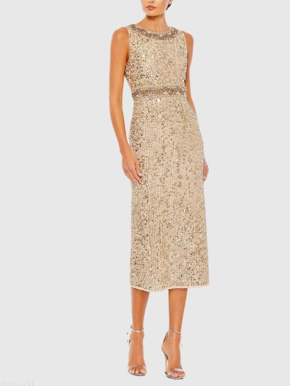 Mac Duggal Gold Sleeveless High Neckline Beaded Waist Midi Dress 10739 Size 12